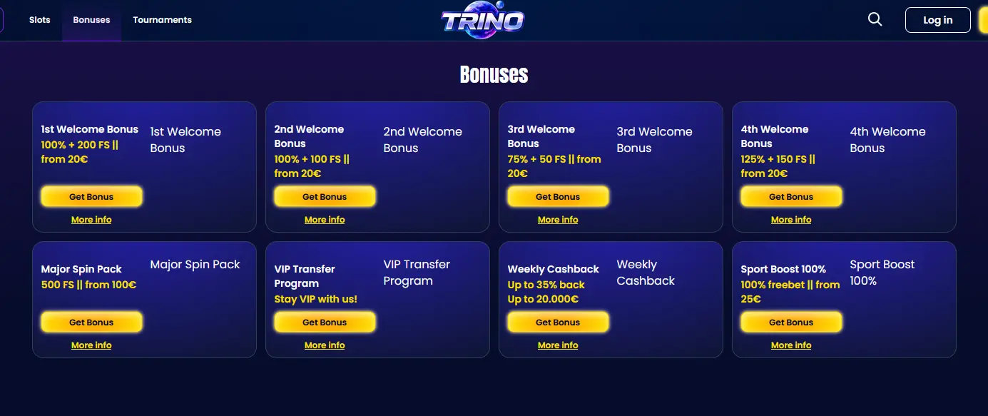 Trino Casino bonus dashboard showing the welcome pack and cashback offers