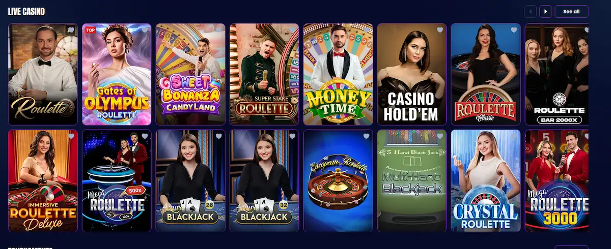 Trino Casino live dealer casino lobby with real-time table streams