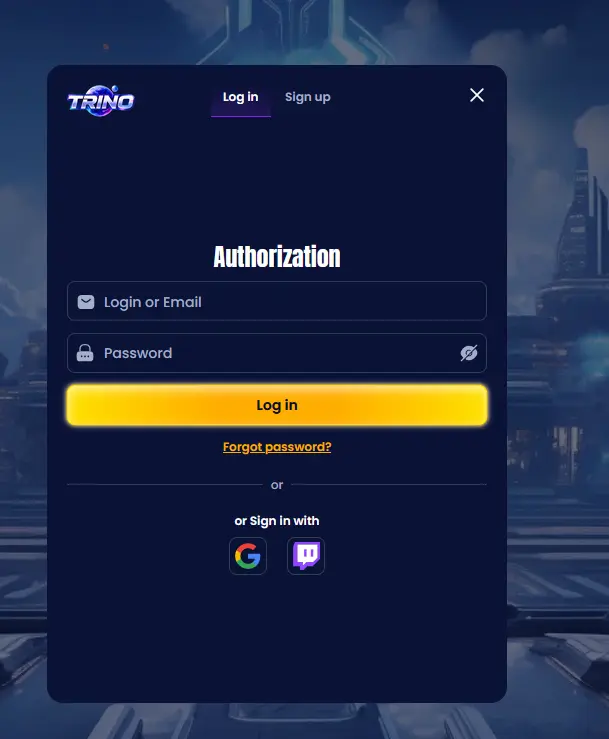 Trino Casino login screen with email and password fields