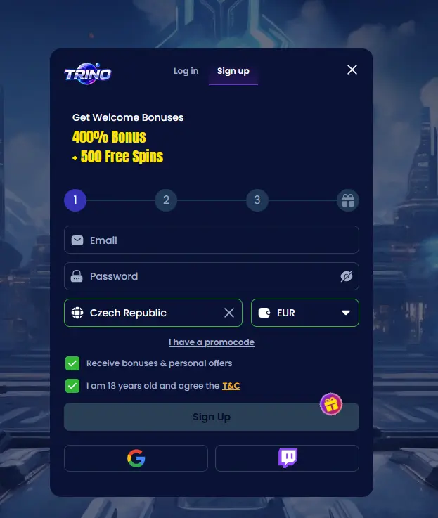 Trino Casino registration form for creating a new player account