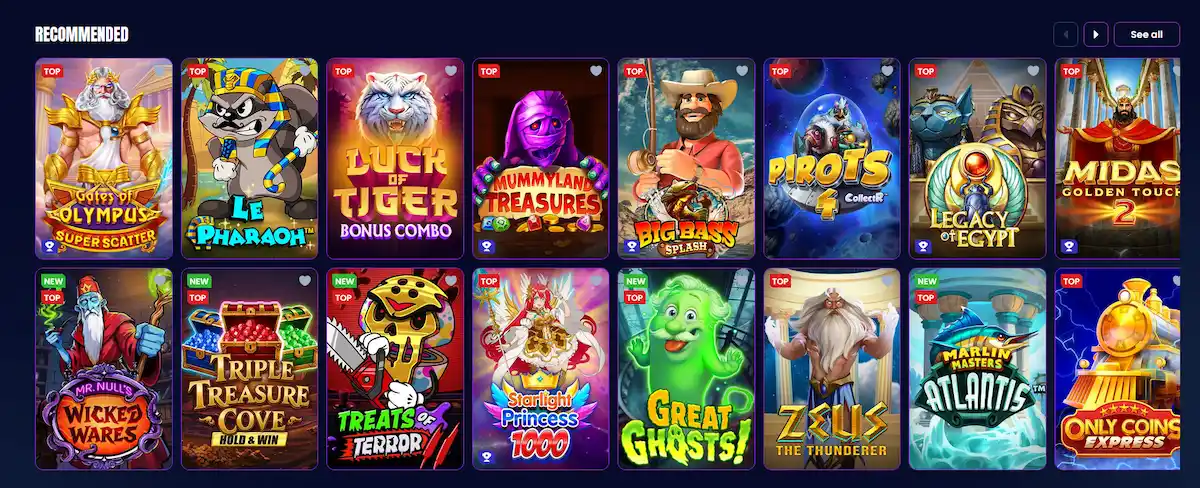 Trino Casino slots lobby featuring Pragmatic Play and Hacksaw Gaming titles