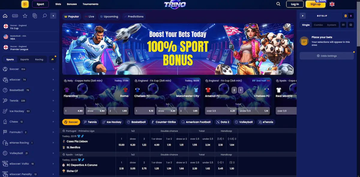 Trino Casino sportsbook with live in-play betting markets